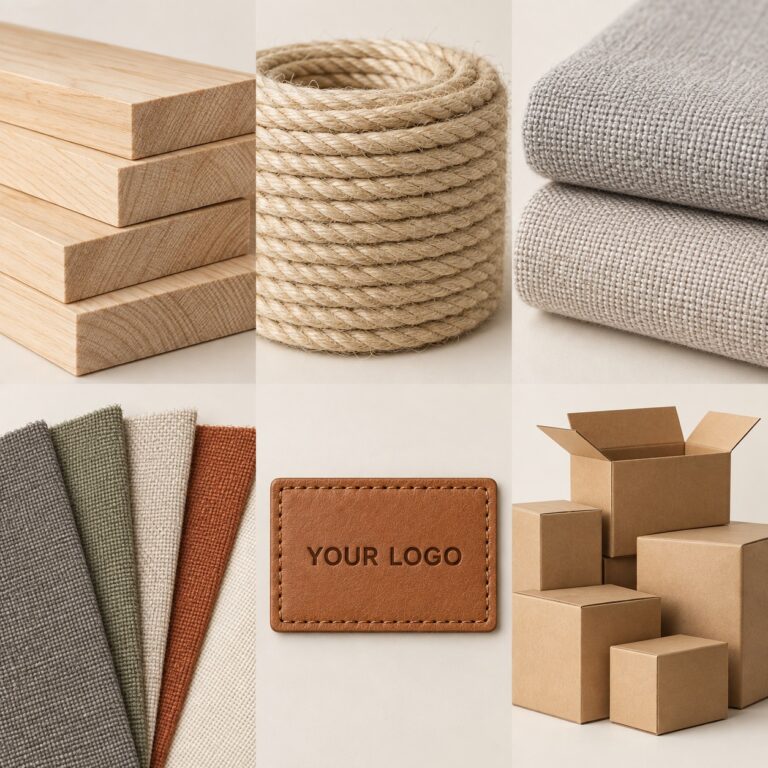 Wood, sisal, upholstery fabric, color swatches, branding label and cardboard packaging